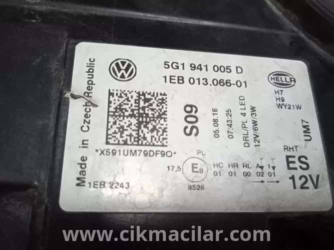 Volkswagen Golf 7.5 sol ön far 2018-2021 model